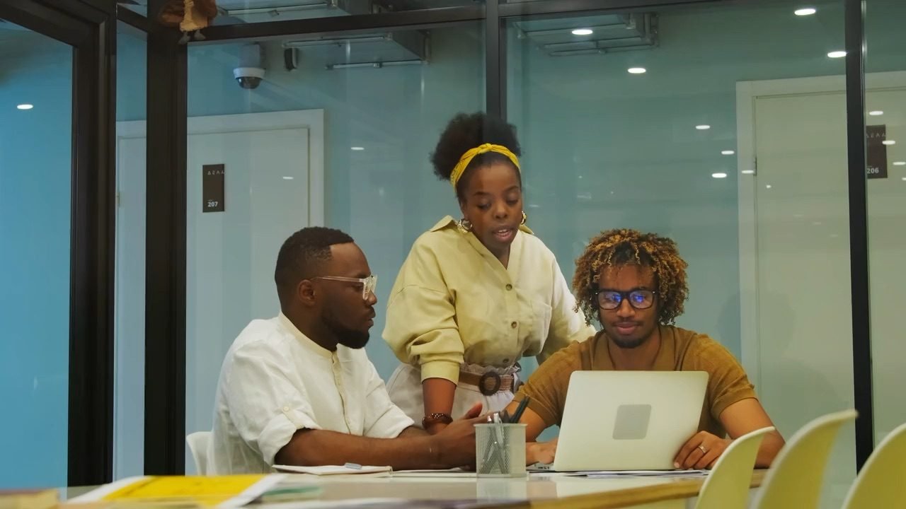 Community members collaborating in a workspace