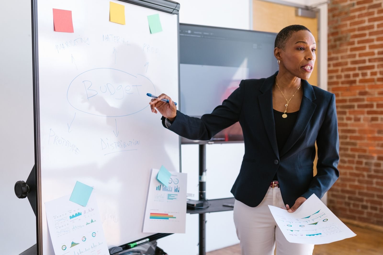 Trainer presenting at a whiteboard during a corporate workshop